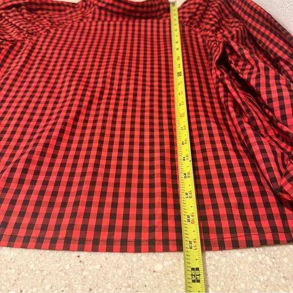 H&M Puff Long Sleeve Blouse Checked Red Black Low Stand Up Collar Covered Button - Picture 11 of 11